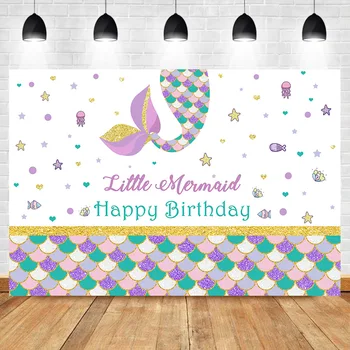 

NeoBack Little Mermaid Birthday Backdrop Colorful Scales Girl Birthday Party Dessert Table Decorate Banner Background Photograph