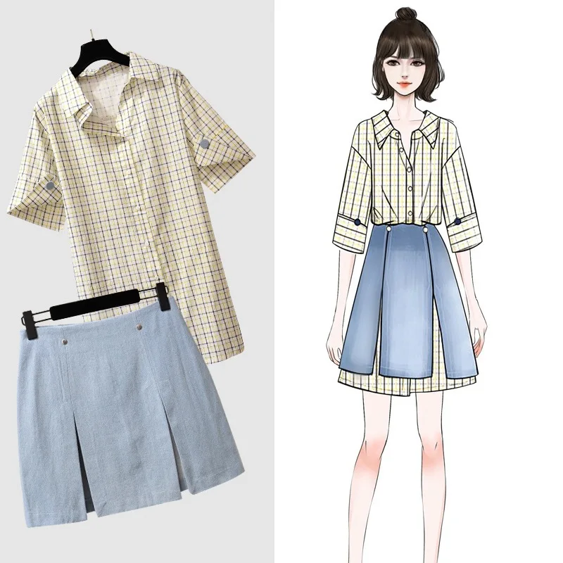 

2019 New Style WOMEN'S Dress Spring And Summer Large Size Plus-sized Womenswear Mm Short Sleeve Plaid Shirt And Slit Denim Skirt