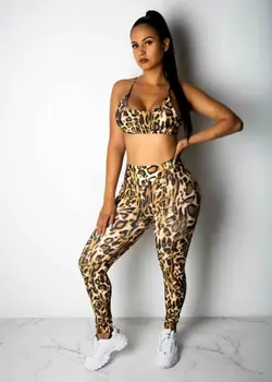 

Meihuida Summer Women Leopard Sport Gym Sleeveless Workout Activewear 2 Pieces Crop Top+Legging Casual Set