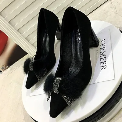 

2019 new women's shoes spring rabbit fur rhinestone bow party shoes banquet high heels female tide