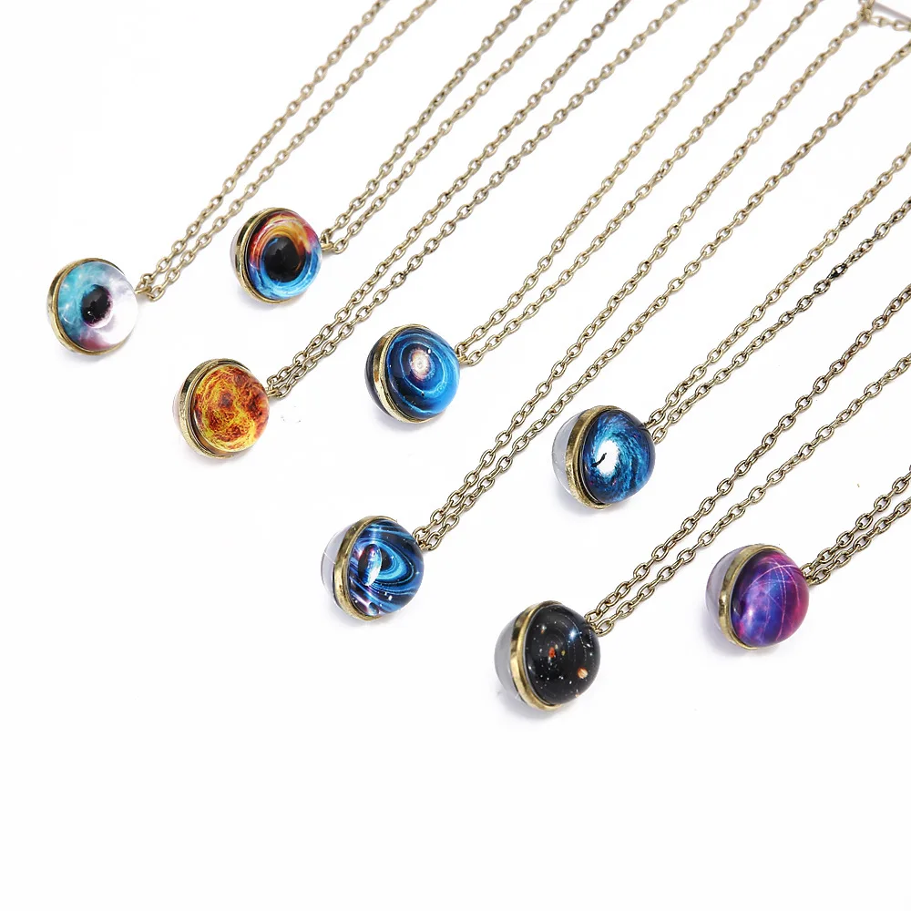 

CWFDY 10pcs/lot Handmade Glass Ball Time Gem Pendant Necklace Friendship Women Men Necklace Earth Planet Moon Saturn Necklaces