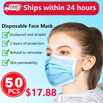 

50 Pcs Disposable Face Mouth Mask Earloop Anti-dust One Time Face Masks Dustproof Safe Protective Mask Nonwoven Fabrics 3 Layer
