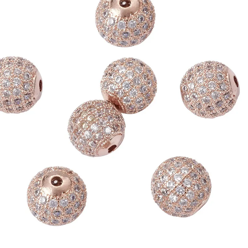 10pcs 6/8/10/12mm Round Brass Ball Pave Cubic Zirconia Charm Bead Metal Rhinestone Bead for Jewelry Making DIY Bracelet Necklace