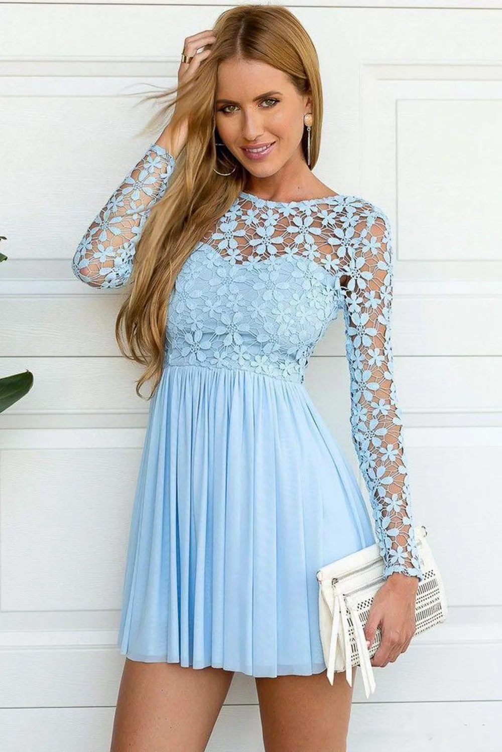 Sky Blue Long Sleeve Crochet lace 