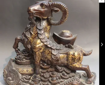 

zhmui88002770<+Chinese Bronze Gilt Wealth Yuanbao Money Treasure bowl Ru Yi Sheep Goat Statue