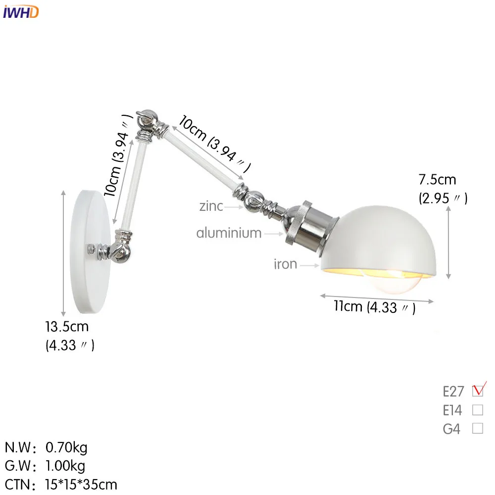 IWHD White Swing Long Arm Wall Light Fixtures Adjustable 4W Edison 110V-220V Industrial Decor Vintage Wall Lamp Sconce Luminaria