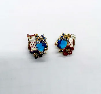 

CSxjd Enamel owl gem flowers earrings