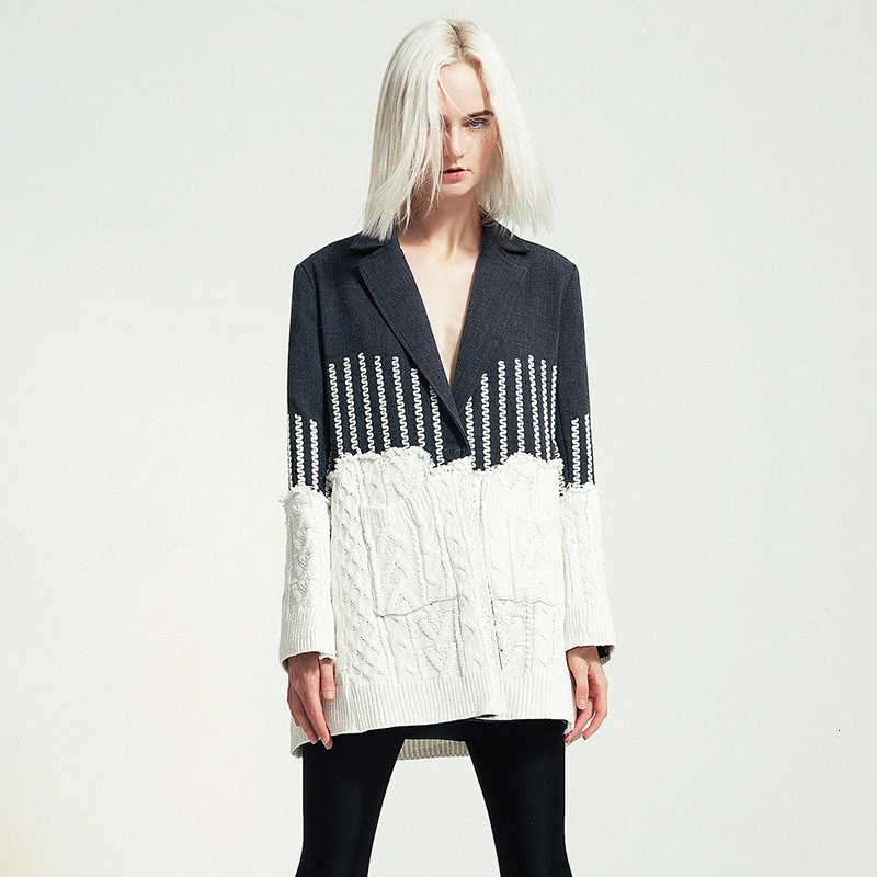 

Patchwork Hit Color Women's Coats Notched Long Sleeve Pocket Knitted Female Coat Autumn Winter Fashion New 45