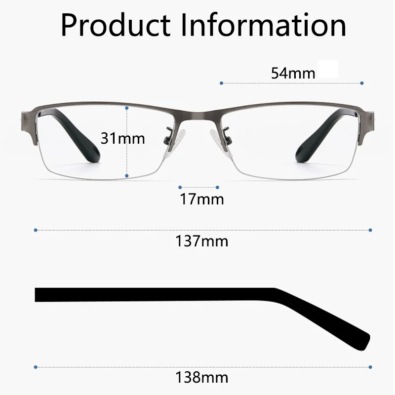 Progressive Multifocal Reading Glasses Men Half Frame Presbyopic Glasses Far Near Eyeglasses Magnifier Ultralight +175 +225