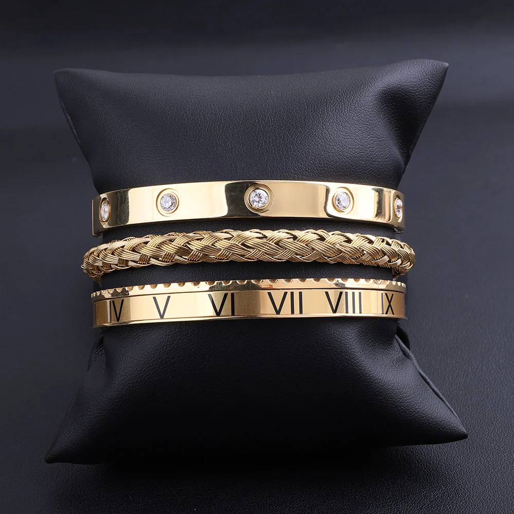 High Quality Luxury New Design 316L Stainless Steel Roman Cuff Bangle CZ Stone Bracelet Set Men - Image 5