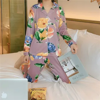 

2020 Ladies Pajamas Set 100% Gauze Cotton Flowers Printed 2Pcs Turn-down Neck Shirt+Pants Comfort Fresh And Nature Women