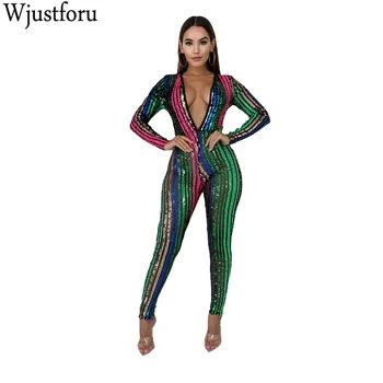 

Wjustforu Sexy Fashion Sequin Club Jumpsuit For Women Long Sleeve Bodycon Elegant Bodysuit Female Patchwork Skinny Overalls