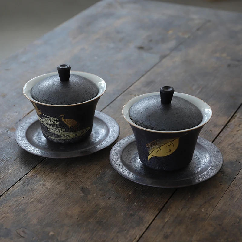 Ceramic Gaiwan Tea Cup Japan Handmade Black Gold Japanese Crane Leaf tureen chinese kung fu tea set drinkware Tureens Trending