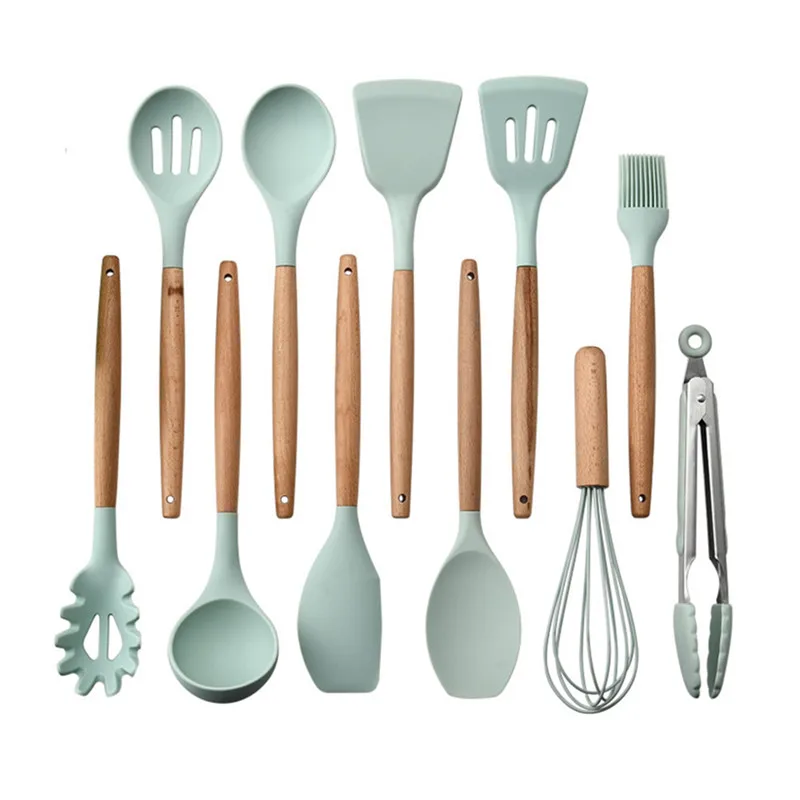 

11Pcs Silicone Wood Cooking Utensils Set Heat Resistant Kitchen Non-Stick Cooking Utensils Baking Tools With Storage Box Green
