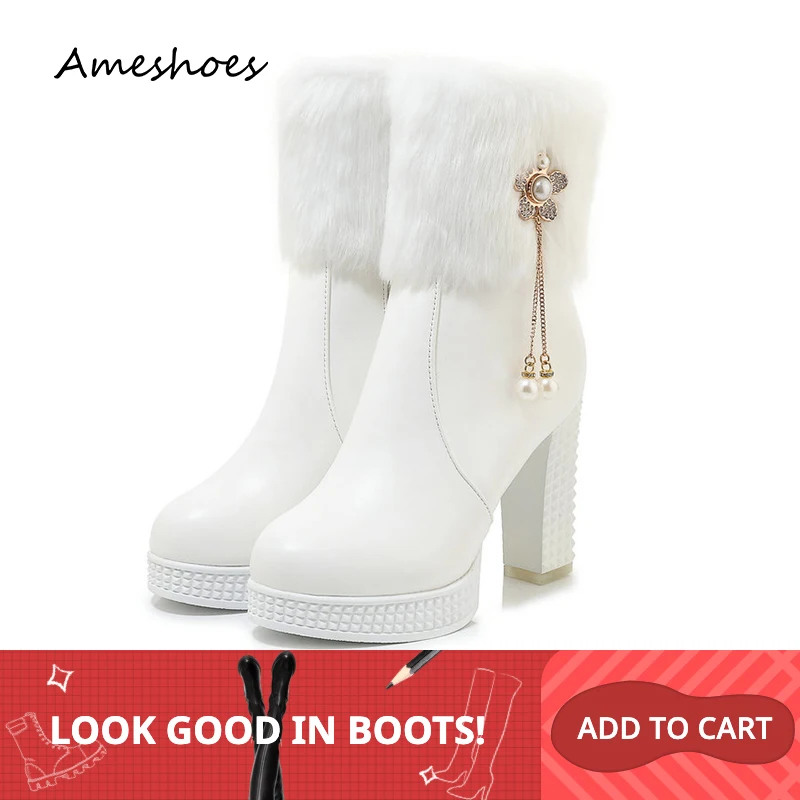 

Women Winter Boots 10.5CM Block High Heels Warm Plush Woman Ankle Boots Snow Boots Size 34-43 F25