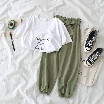 

Women's Two-piece Korean Casual Letter Printing Round Neck T-Shirt + Bow Belt Solid Color Pants 2020 Summer New Loose Pullover