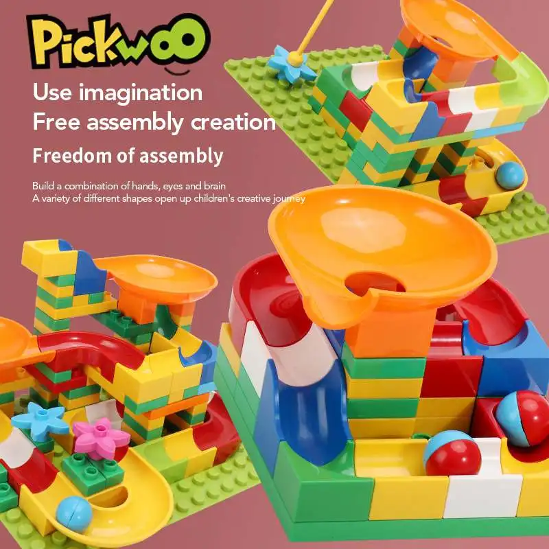 

Pickwoo 40 to 100 pcs Animal Marble Race Run DIY Maze Ball Building Blocks Duploed Funnel Slide Big Size Bricks Educational Toys
