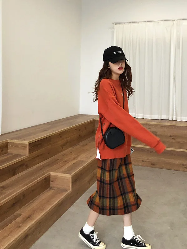 

Retro Orange Pattern Wool Skirt Autumn And Winter Contrast Color Slit Loose-Fit Woolen Skirt Long Skirts Women's