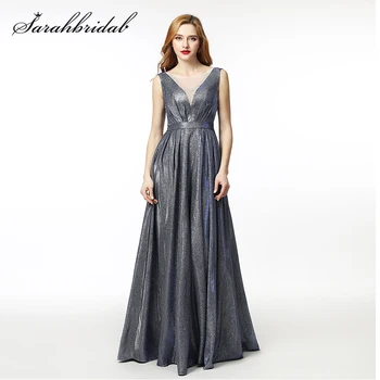 

Elegant Steel Sleeveless Lace up Long Evening Dress Backless Ruched Women Formal Banquet Party Gown A Line Robe De Soiree WT5313