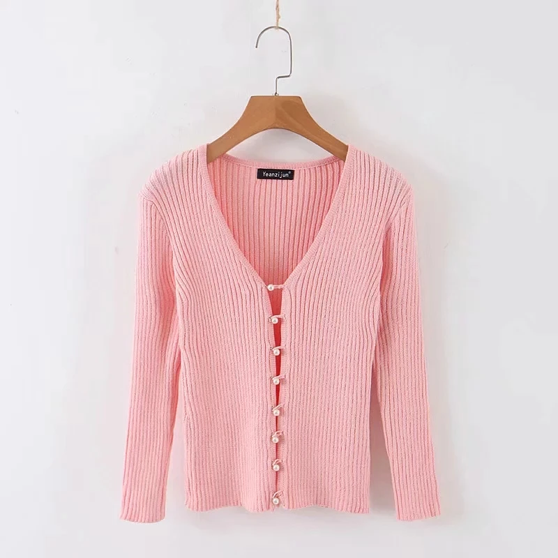autumn pink Pearl knit cardigan women knitted sweater casual vintage pull femme Sexy winter sweater korean womens sweaters