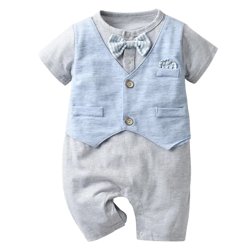 

AA Newborn Baby Boy Romper Cotton Bow Round Neck Fake Vest Top Short Sleeve Button Closure Jumpsuit Romper for Boys Costume