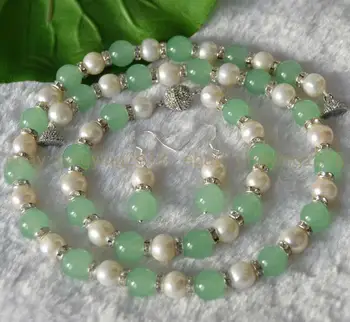 

9-10mm Genuine White Cultured Pearl Natural Green Jade Necklace Bracelet Earring