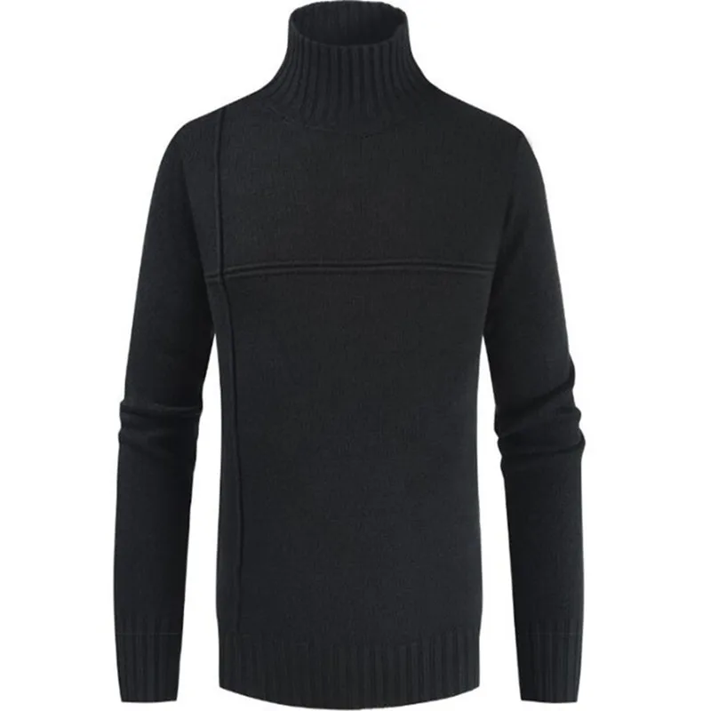 Мужской свитер с модной водолазкой и однотонной расцветкой, с поперечной строчкой - Цвет: black