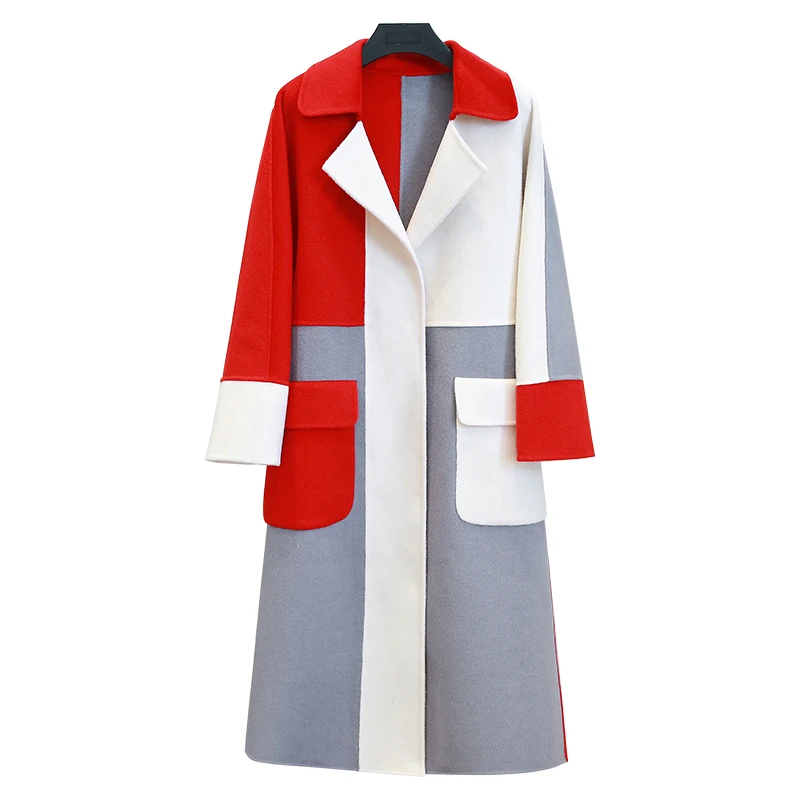 Зимнее шерстяное пальто в стиле пэчворк хитового цвета, женское теплое пальто с длинным рукавом и большим карманом