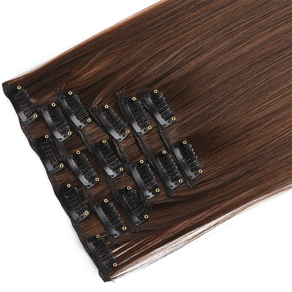Long straight synthetic blonde hair extensions 16 clips 6Pcs/set high temperature fiber black brown natural hairpiece