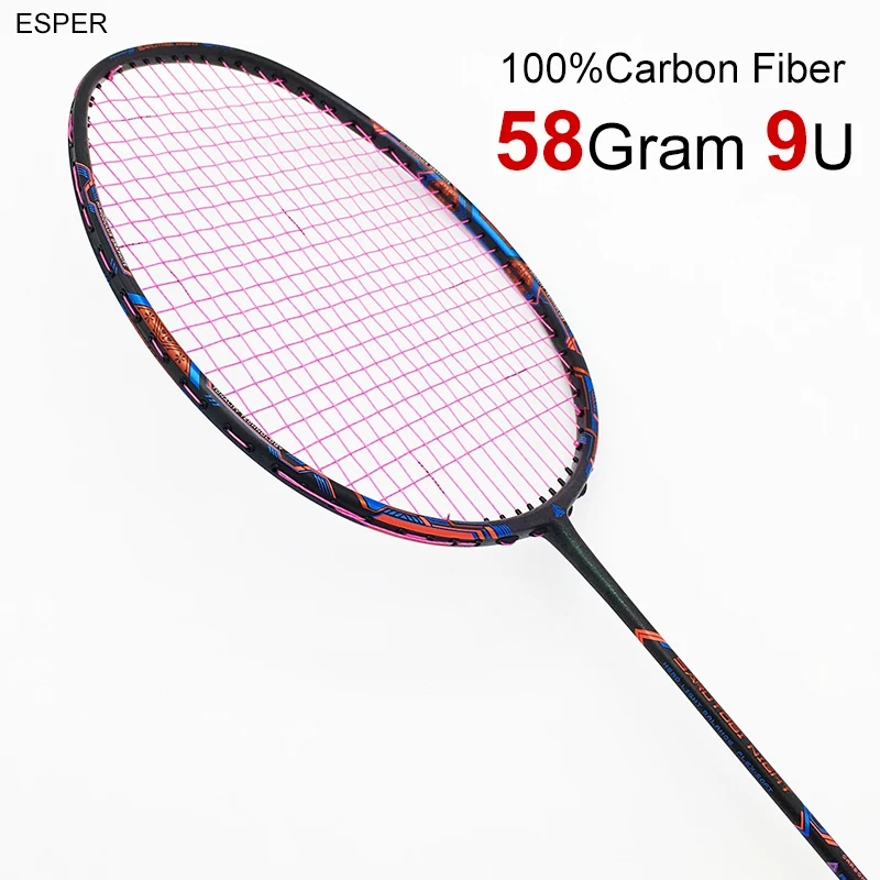 Esper 58Gram 9U Carbon Fiber Badminton Racket Professional Super Lightest Graphite Racquet With