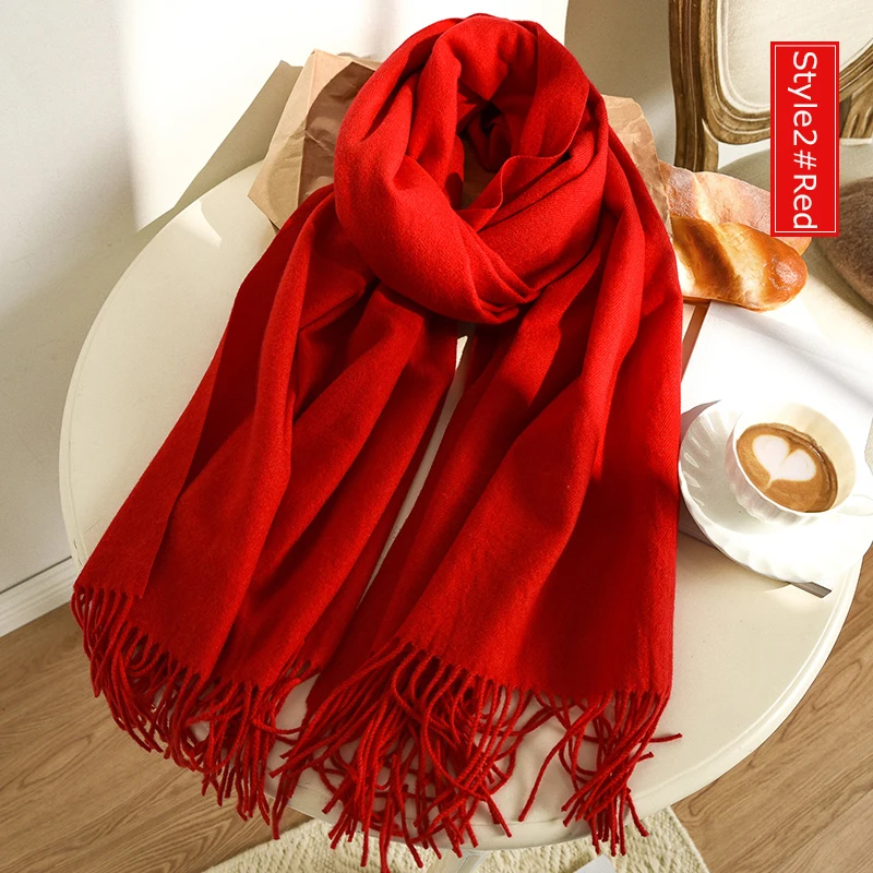 Style2 Red Высокое качество кашемировые шарфы женские новые зимние плотные теплые мягкие пашмины Шали Обертывания Твердые женские шерстяные длинные шарфы с кисточками - Цвет: Style2 Red