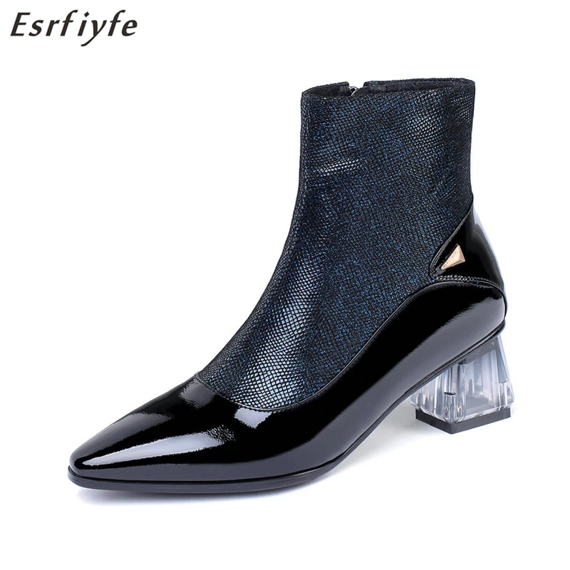 

ESRFIYFE Top Quality Winter Soft Genuine Leather Shoes Women Side Zipper Comfortable Transparent Mid Heel Ankle Boots