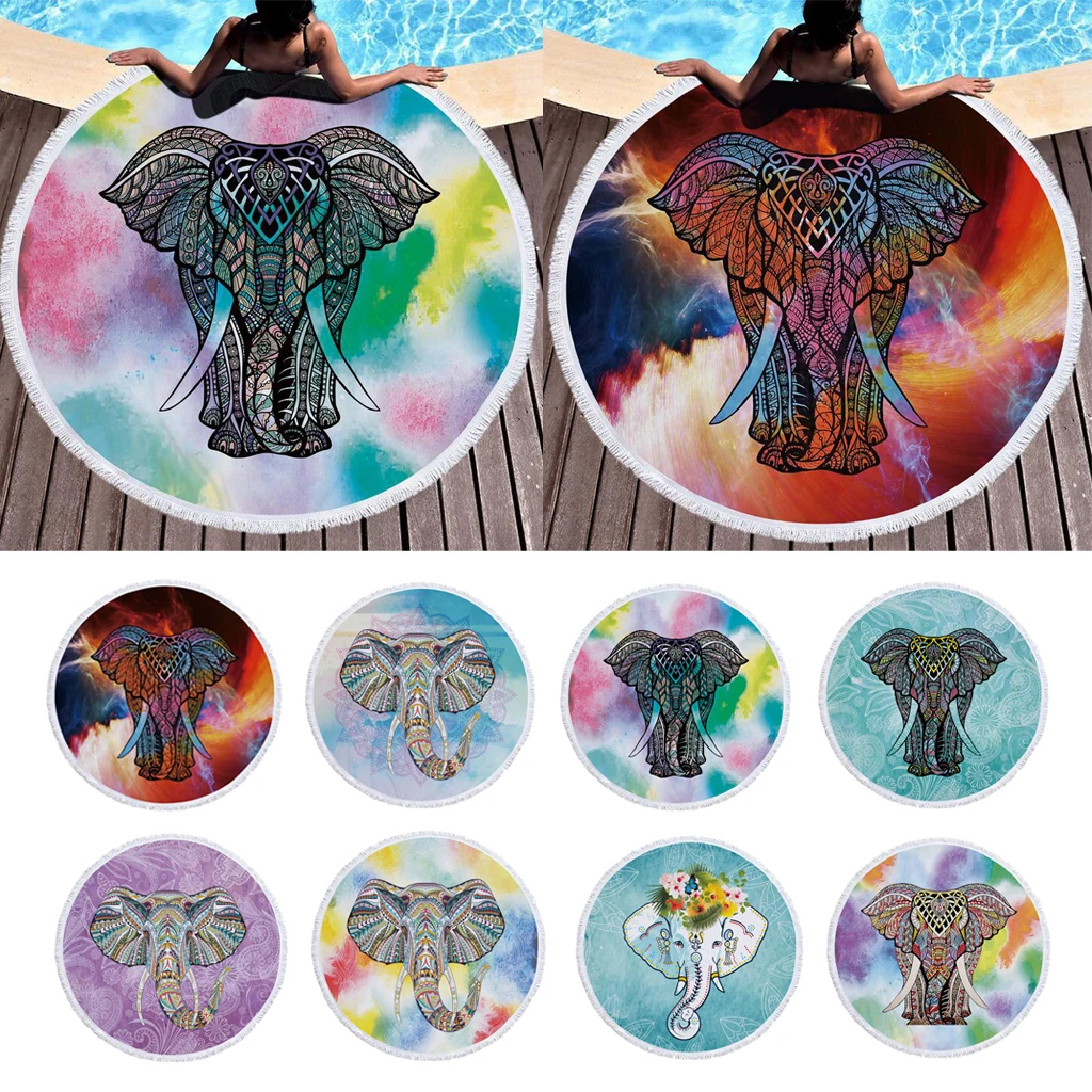 

Oversize Beach Towel Round Portable Yoga Mat with Elephant Pattern Lightweight Blankets for Table Couch Cover