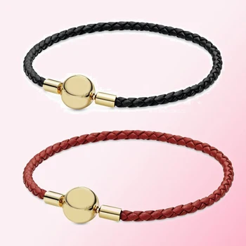 

2020 Spring Festival 100% 925 Sterling Silver 1:1 Shine Red Black Single Leather Bracelet Original High Quality