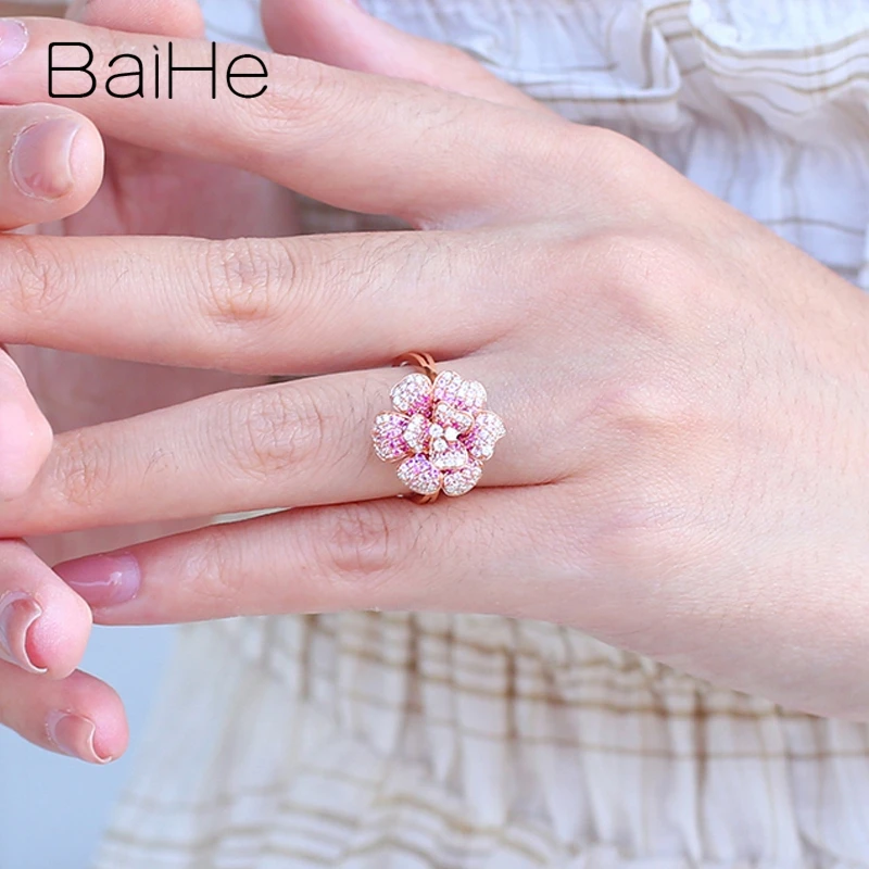 BAIHE Solid 14 к розовое золото 0.55ct натуральный розовый сапфир 0.25ct бриллиантами Для женщин свадебные модные ювелирные украшения цветы кулон кольцо