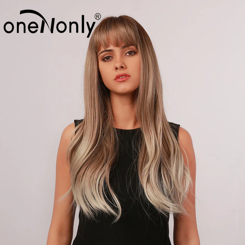 

oneNonly Synthetic Wigs Ombre Brown Long Natural Wave with Bangs Wigs for Women Free Shipping Heat Resistant Natural Hair Wig