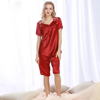 

New Sexy V-Neck Sleeping Pajamas for Women Knee Length Lingerie Short Pants Loose Summer Nightwear Two Piece