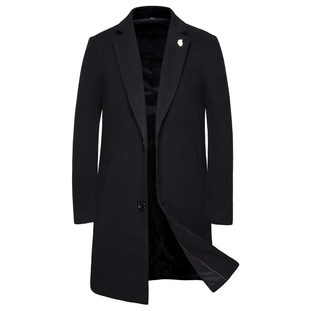 

Men's fashion business Wool Blends long solid slim wool coat Slim Overcoat Single Breasted Outwear Winter Autumn Y812