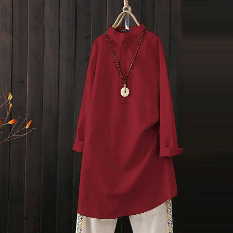 

2020 New Style linen shirt Women's Autumn Shirt Women's Casual Linen shirt Stand-Collar Long-Sleeve Long Shirt