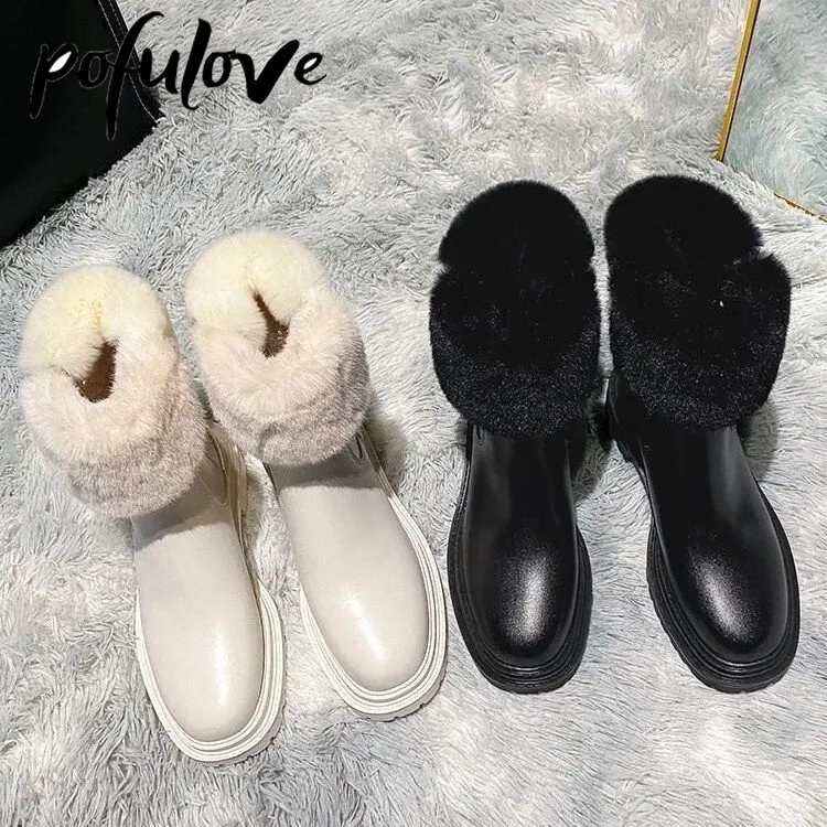 

Pofulove Winter Boots Women Platform Shoes Black White Leather Ankle Booties Plush Warm Fur Boots Snow Botas Fashion Designer