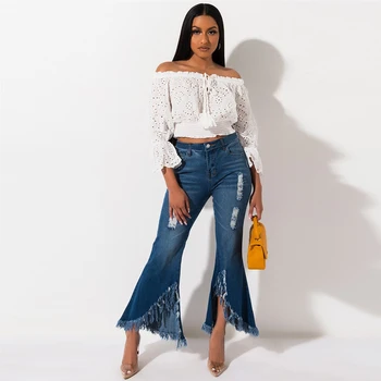 

2020 New Skinny Ripped Jeans Flare Pants Women Hollow Hole Wide Leg Pants Female Casual Long Denim Jean Streetwear Pant Vestidos