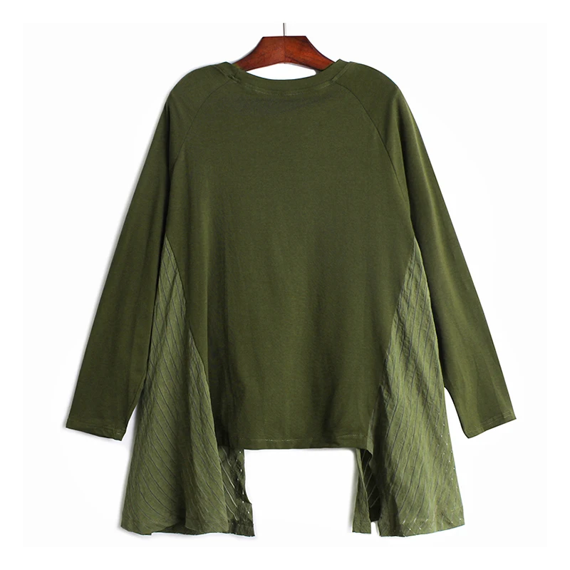 [EAM] Women Army Green Irregular Split Big Size T-shirt New Round Neck Long Sleeve  Fashion Tide  Spring Autumn 2020 1Z450