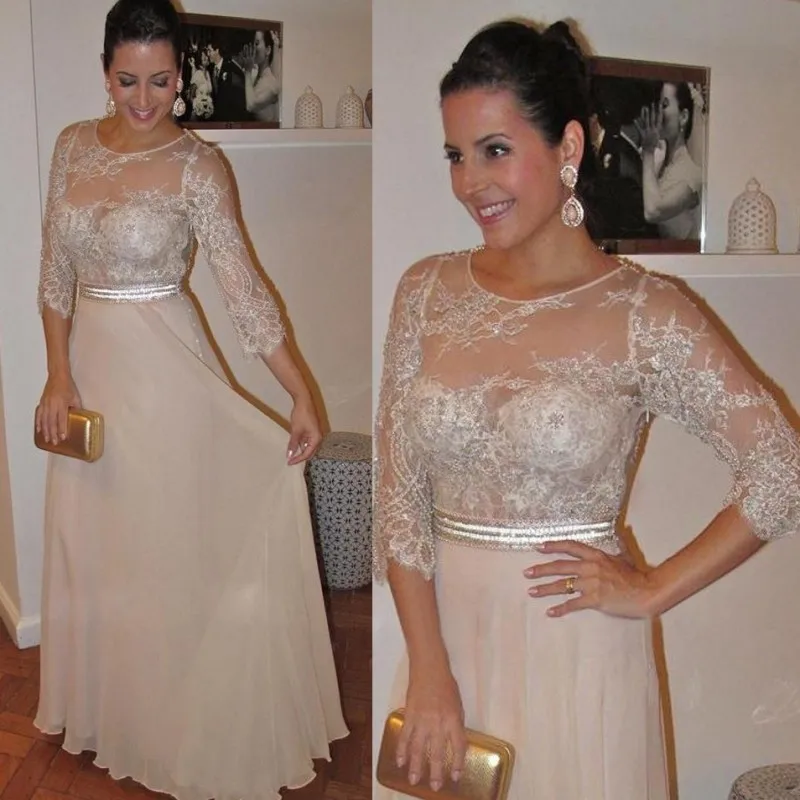 

Chiffon Elegant Mother of the Bride Dresses Beads Pearls Lace Three Quarter Sleeves Prom Dresses Sheer Neck Cheap Evening Gown