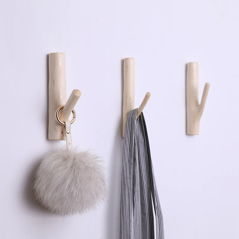 

Log fork hook Strong adhesive no holes Creative solid wood coat hook behind the door