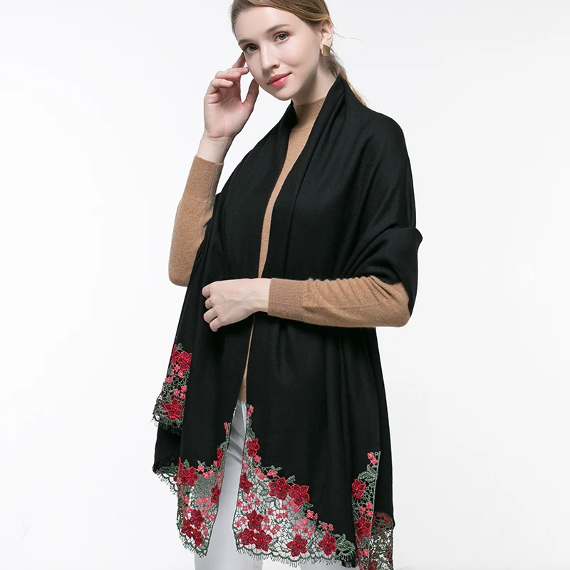100% Wool Scarf Women Solid Black Bride Hollow Embroidery Warm Shawls and Wrap for Ladies Pashmina Bridesmaid Winter New Scarves |