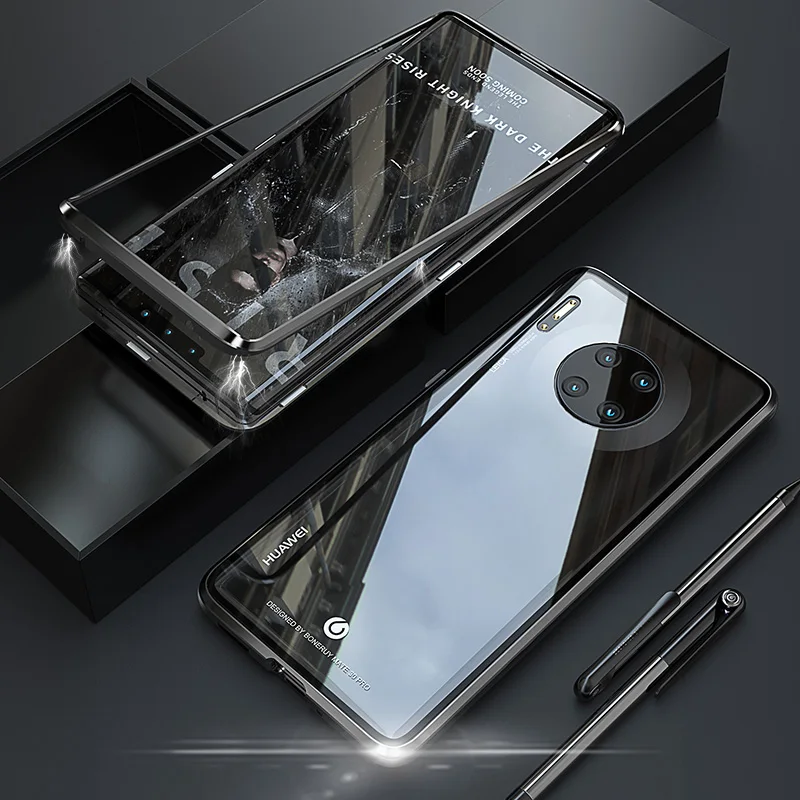 Высококачественный чехол для huawei mate 30 Pro, роскошный тонкий жесткий алюминиевый металлический бампер и задний Чехол из закаленного стекла - Цвет: Черный