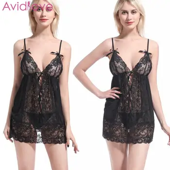 

Women Sexy Lingerie Set Spaghetti Straps Floral Lace See Through Babydoll Chemises Temptation Nighties Female Erotic Nightdress