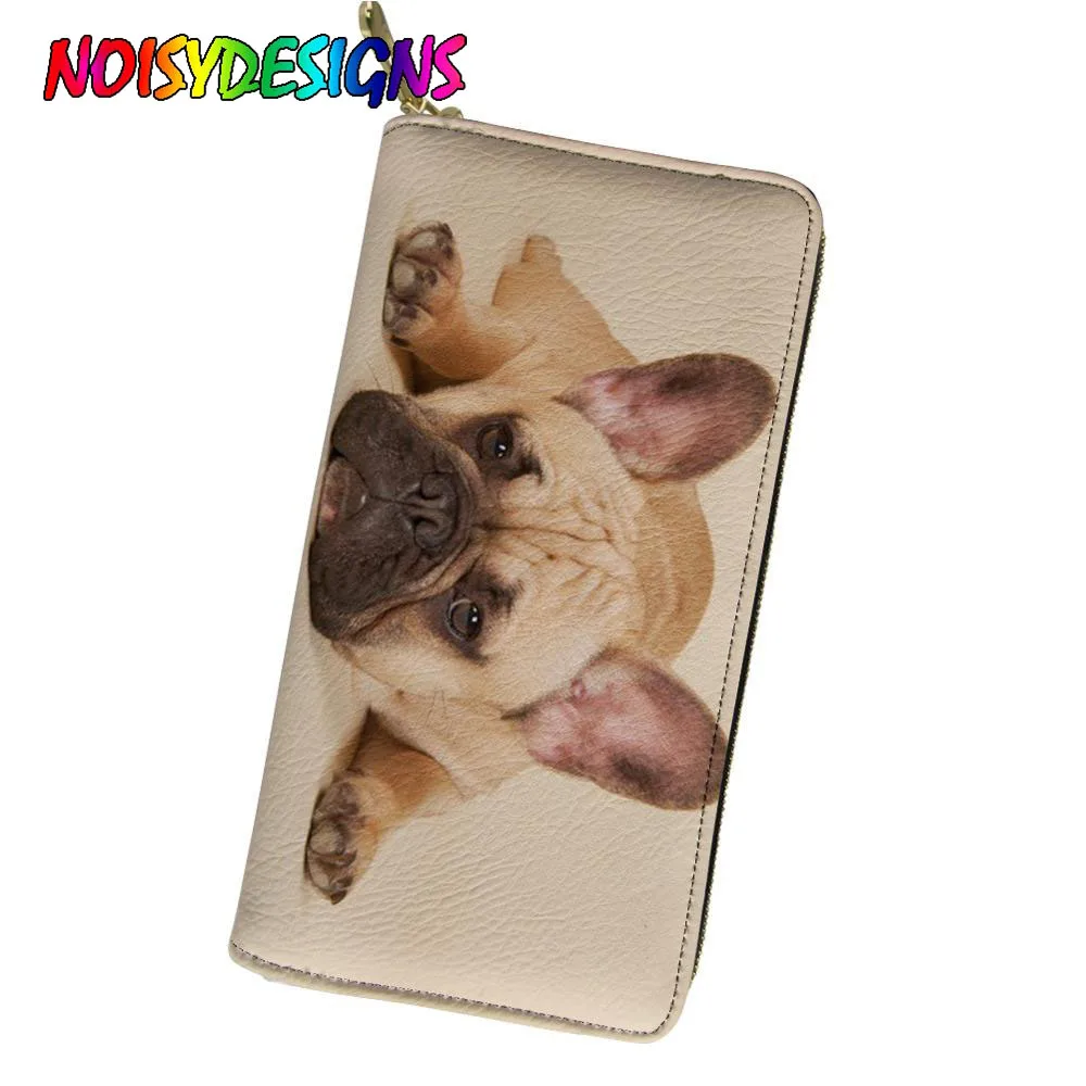 

NOISYDESIGNS Cute French Bulldog Print Leather Wallets Long Credit Card Holder 3d Female Clutch Hand Bag Phone Pouch
