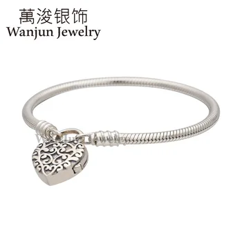 

Wanjun Jewelry 100%925 Sterling Exquisite DIY Noble Heart Padlock Snake Bones Chain Free Gift To Friends