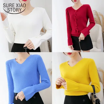 

2019 Autumn and Winter V-neck Flare Sleeve Sweater Can Be Worn Back and Forth Back Strap Women Sweaters and Pullovers 6508 50